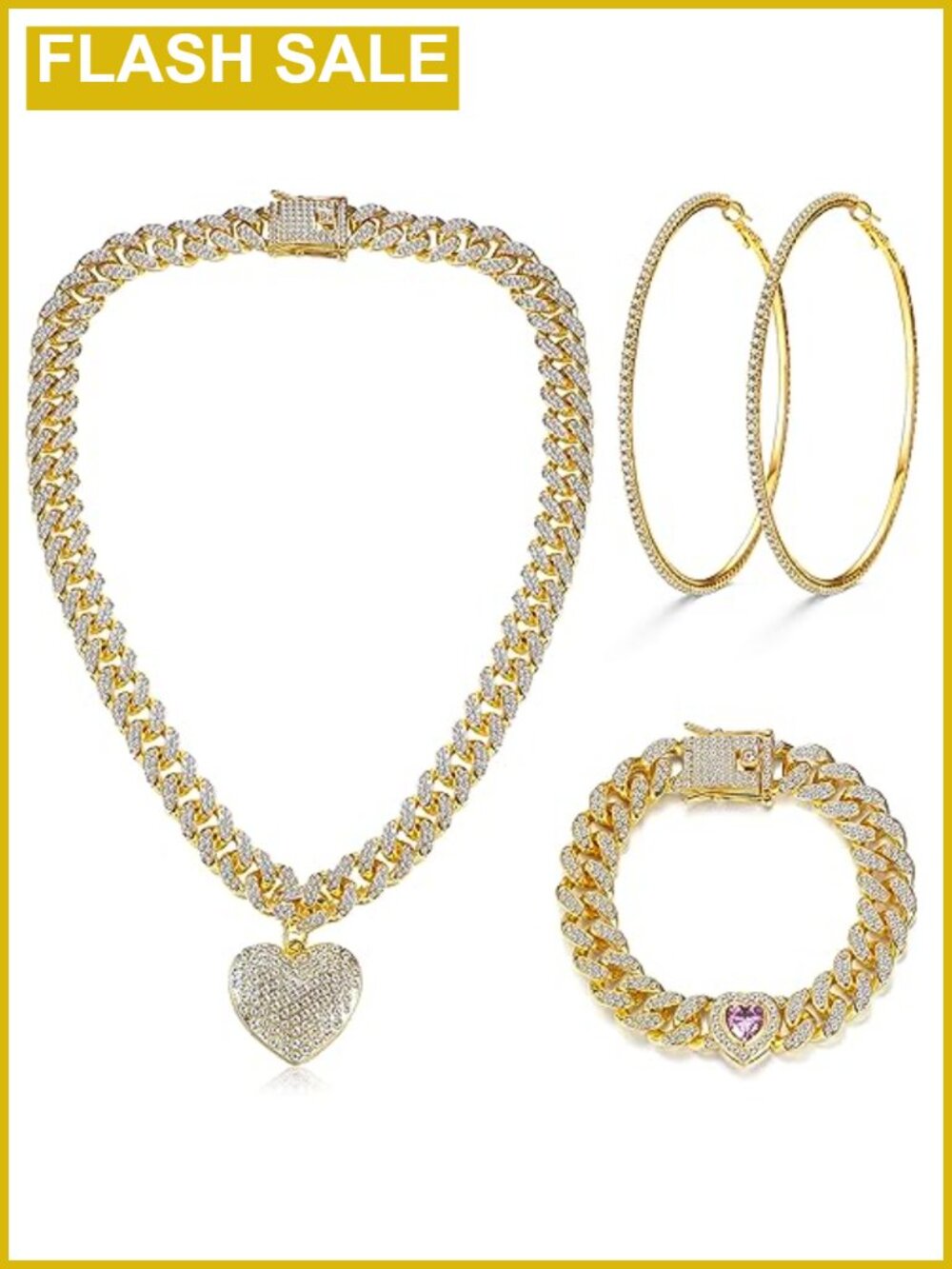 Cuban Link Chain Necklace Bracelet Earrings Set CZ Heart Hip Hop Jewelry